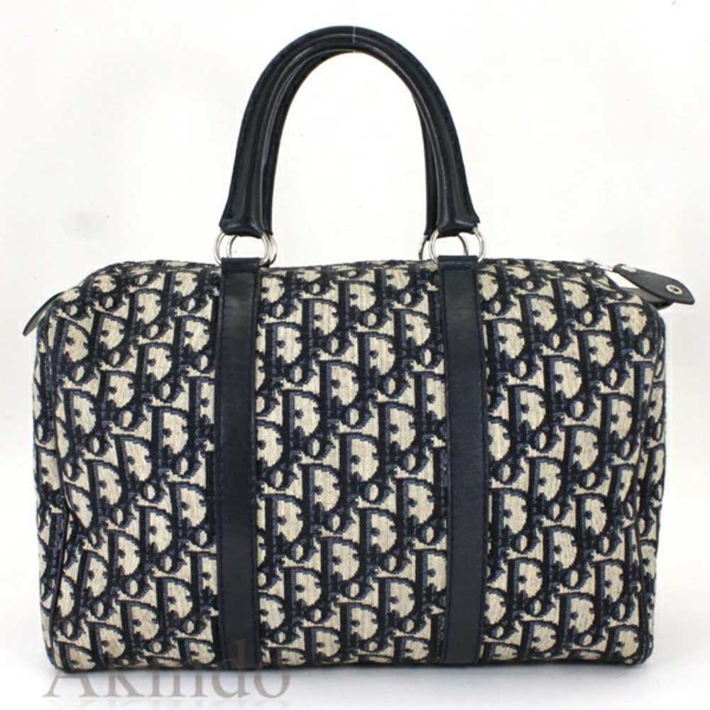 Christian Dior Bag Handbag Boston Trotter Navy Blue Beige Canvas Leather